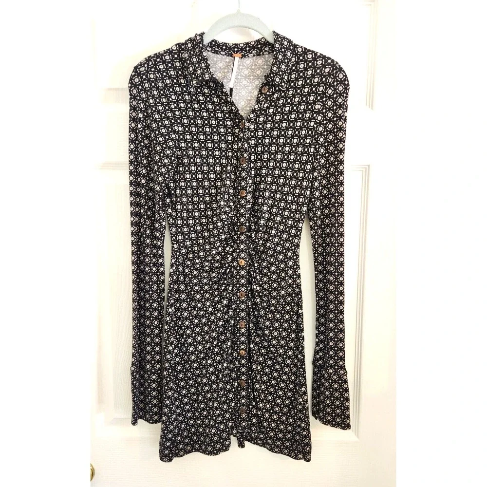 Free People Black & White Collared Button Up Ruched Dress Long Sleeve Sz XS